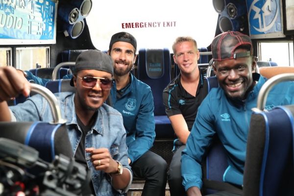 Everton FC stars (From R to L) Oumar Niasse, Jonas Lössl and Andre Gomes alongside dancehall sensation Kevin 'Love Child' Wyre aboard a pimped Matatu in Nairobi on Saturday, July 6, 2019. PHOTO/SPN