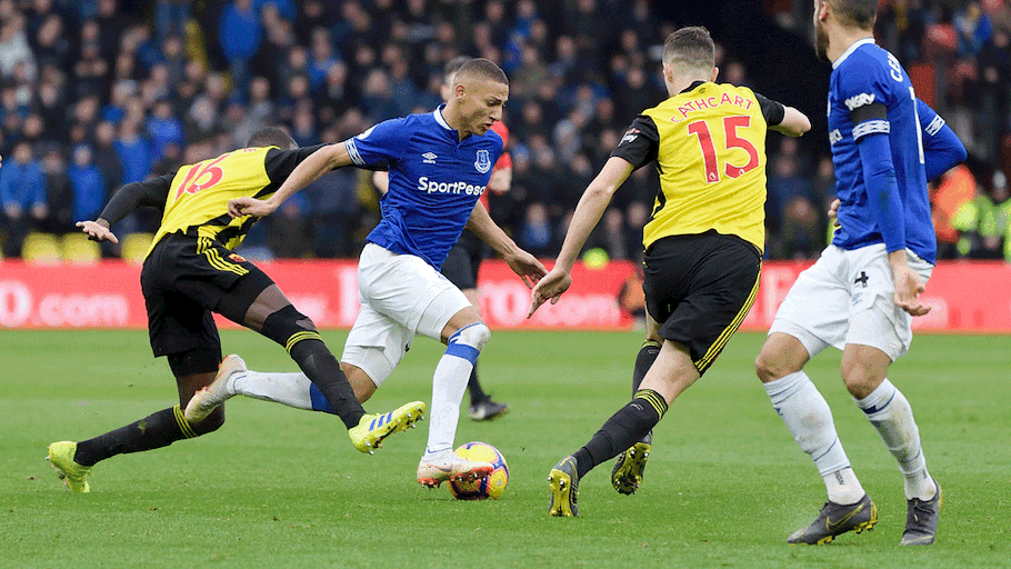 Everton FC striker, Richarlison (second left) tries to evade the attention of his markers during their Premier League visit to Vicarage Road to face Watford FC on February 8, 2018. PHOTO/Everton FC