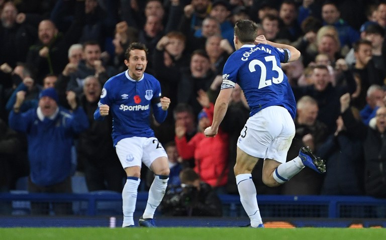 Everton's Irish defender Seamus Coleman (R) celebrates scoring his team's second goal during the English Premier League football match between Everton and Brighton and Hove Albion at Goodison Park in Liverpool, north west England on November 3, 2018. PHOTO/AFP`Everton's Irish defender Seamus Coleman (R) celebrates scoring his team's second goal during the English Premier League football match between Everton and Brighton and Hove Albion at Goodison Park in Liverpool, north west England on November 3, 2018. PHOTO/AFP