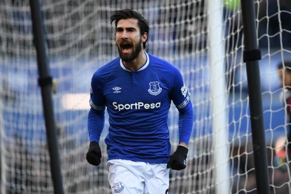 Everton's Portuguese midfielder André Gomes celebrates scoring their first goal to equalise 1-1 during the English Premier League football match between Everton and Wolverhampton Wanderers at Goodison Park in Liverpool, north west England on February 2, 2019. PHOTO | AFP