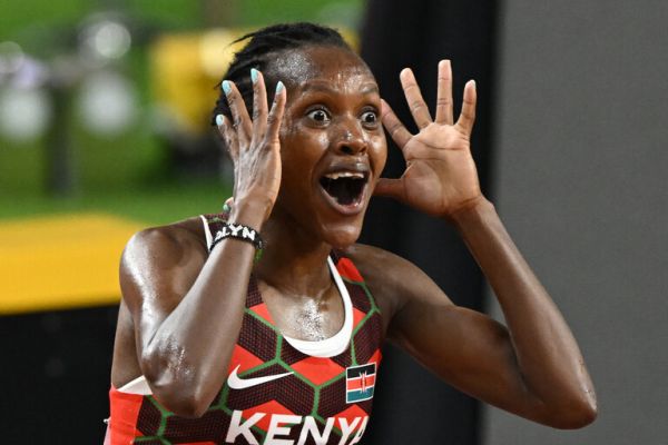 Faith Kipyegon reacts after her 5000metres win in Budapest. PHOTO| AFP