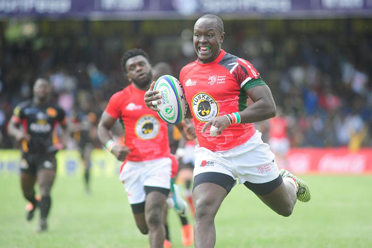 Felix Ayange scores a try for Kenya in their Africa Gold Cup 2018 match against Uganda at the RFUEA Grounds in Nairobi. PHOTO/Courtesy/World Rugby