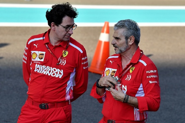 Ferrari Team Principal Maurizio Arrivabene (R) talks to Ferrari technical director Mattia Binotto ahead of the Abu Dhabi Formula One Grand Prix at the Yas Marina circuit on November 22, 2018. PHOTO/GettyImages