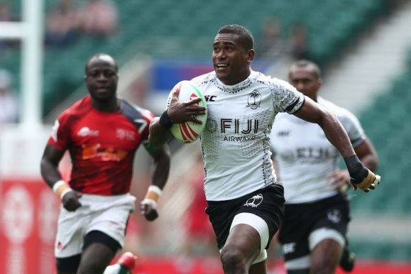 Fiji's Aminiasi Tuimaba races away from the Kenya defense for a try on day one of the HSBC World Rugby Sevens Series at Twickenham Stadium in London on 25 May, 2019. PHOTO Mike Lee/KLC fotos for World Rugby