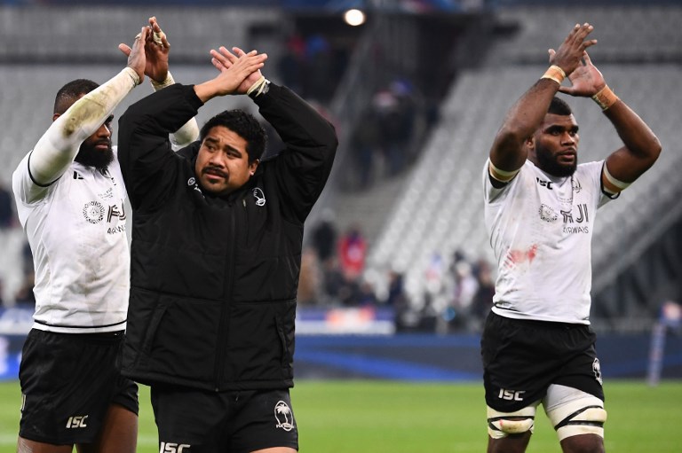 Fiji's players celebrate after winning the international rugby union Test match between France and Fiji at The Stade de France Stadium, in Saint-Denis, on the outskirts of Paris, on November 24, 2018. PHOTO/AFP