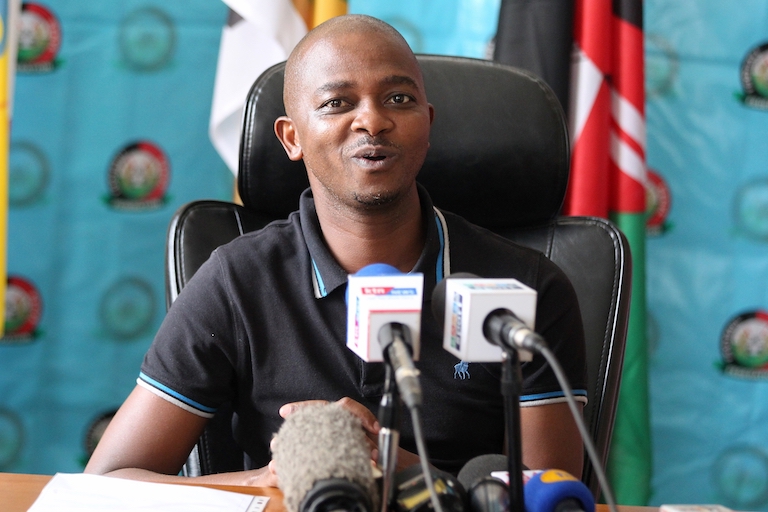 FKF President, Nick Mwendwa, makes an address on Harambee Stars preparations for the upcoming Africa Cup of Nations in Nairobi on Thursday, December 5, 2018. PHOTO/SPN