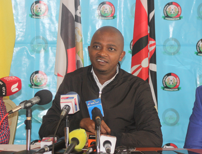 FKF President, Nick Mwendwa, makes an address on Harambee Stars preparations for the upcoming Africa Cup of Nations Qualifier against Ethiopia in Nairobi on Friday October 5, 2018.PHOTO/FKF