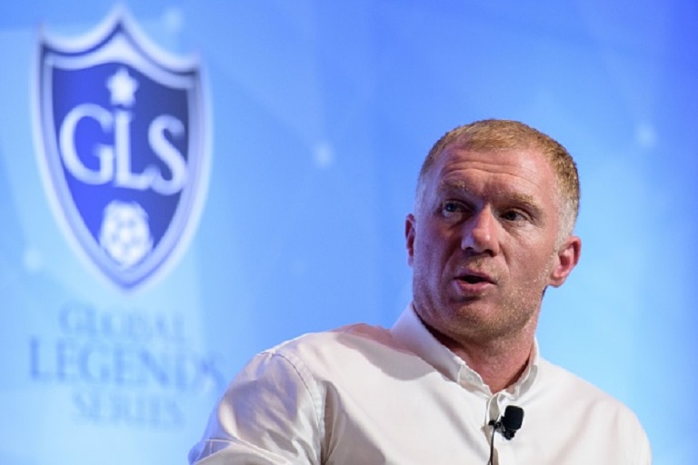 Former Manchester United and England football player Paul Scholes speaks in Hong Kong on August 8, 2018, during a promotional event in which he signed as Principal of the 433 Token cryptocurrency initiative. - Scholes is in Hong Kong to promote 433 Token, a blockchain-based system that will allow football fans to support young talent and interact with stars. PHOTO/GettyImages