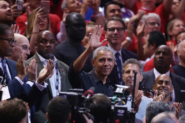 Former President of the United States, Barack Obama waves to the crowd during Game Two of the 2019 NBA Finals between the Golden State Warriors and the Toronto Raptors at Scotiabank Arena on June 02, 2019 in Toronto, Canada. PHOTO/AFP