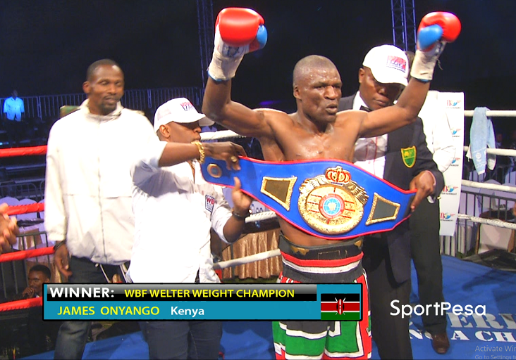 Former World Boxing Foundation (WBF) Welterweight champion, James Onyango, when he won the belt against Tanzanian Saidi Mundi at the Carnivore Grounds in Nairobi on December 2, 2017.PHOTO/SPN