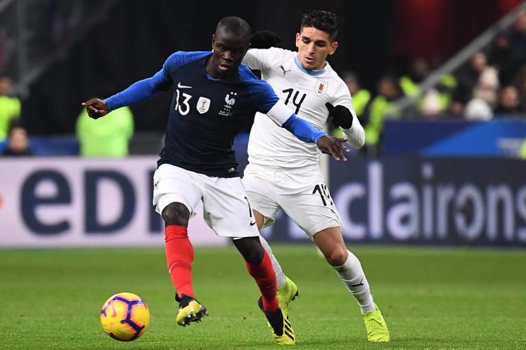 France's defender N'golo Kante (L) vies with Uruguay's midfielder Lucas Torreira during the friendly football match France vs Uruguay, on November 20, 2018 at the Stade de France in Saint-Denis, outside Paris. PHOTO/AFP