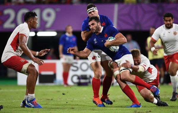 France's flanker Charles Ollivon (2R) is tackled by Tonga's prop Siua Halanukonuka (R) during the Japan 2019 Rugby World Cup Pool C match between France and Tonga at the Kumamoto Stadium in Kumamoto on October 6, 2019. PHOTO | AFP