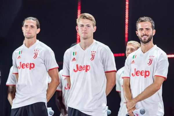 French football player Adrien Rabiot, Dutch football player Matthijs de Ligt, and Bosnian football player Miralem Pjanic, of Juventus F.C. attend a press conference to launch new 2019/20 Away Kit during the 2019 International Champions Cup football tournament in Shanghai, China, 25 July 2019. PHOTO | AFP