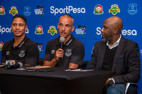 From L: Everton FC legends Steven Pienaar and Leon Osman and SportPesa Chief Marketing Officer, Kelvin Twissa during a press conference at a Nairobi hotel on July 4, 2019. PHOTO/BRIAN KINYANJUI