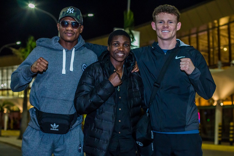 From L: Tanzania boxing sensation Hassan Mwakinyo, Fatuma ‘Iron Fist’ Zarika and their their British trainer, Declan O'Rourke upon arrival at Jomo Kenyatta International Airport in Nairobi from England, United Kingdom on March 16, 2019. PHOTO/ SPN