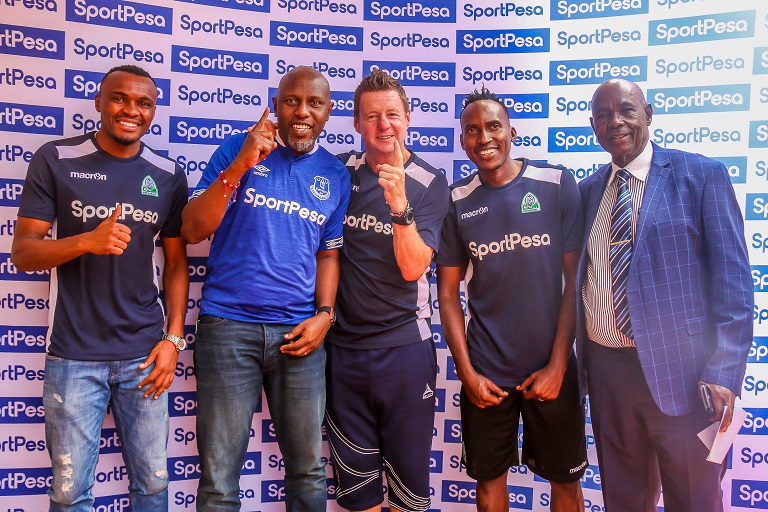 From L to R: Gor Mahia FC and Rwanda international striker, Jacques Tuyisenge, SportPesa’s Chief Marketing Officer, Kelvin Twissa,Gor Mahia FC head coach, Dylan Kerr, Burundian international and Gor Mahia defender, Karim Nizigiyimana and Gor Mahia Vice Chairman, John Pesa after a press conference in Nairobi on September 12, 2018.PHOTO/SPN