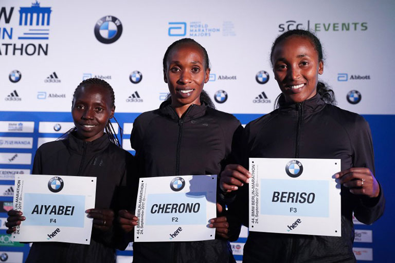 From L to R: Kenyan pair, Valary Aiyabei and Gladys Cherono and Ethiopian Amane Beriso pose ahead of the 2017 Berlin Marathon. Cherono returns to defend her title on September 16 where she will face countrywoman Edna Kiplagat and Ethiopian distance running queen, Tirunesh Dibaba. PHOTO/Berlin Marathon