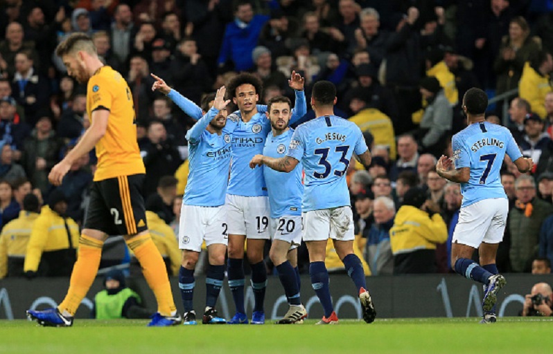 Gabriel Jesus of Manchester City (33) celebrates after scoring his team's first goal with Bernardo Silva, Leroy Sane and David Silva during the Premier League match between Manchester City and Wolverhampton Wanderers at Etihad Stadium on January 14, 2019 in Manchester, United Kingdom. PHOTO/GettyImages