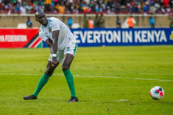 GETTING INTO THE SWING OF THINGS:  Kariobangi Sharks FC forward, Duke Abuya, celebrates scoring a penalty against Everton FC at the MISC Kasarani on Sunday, July 7, 2019. PHOTO/AFP