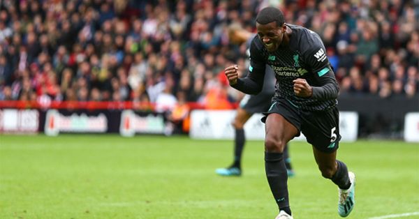 Gini Wijnaldum of Liverpool celebrates after scoring a goal to make it 0-1 during the Premier League match between Sheffield United and Liverpool FC at Bramall Lane on September 28, 2019 in Sheffield, United Kingdom. PHOTO/ GETTY IMAGES