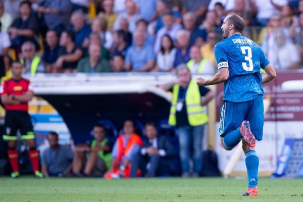 Giorgio Chiellini of Juventus FC celebrates scoring first goal during the Serie A match between Parma Calcio 1913 and Juventus at Stadio Ennio Tardini, Parma, Italy on 24 August 2019. PHOTO | AFP