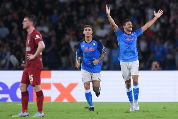 Giovanni Simeone of SSC Napoli celebrates after scoring third goal during the UEFA Champions League match between SSC Napoli and Liverpool FC at Stadio Diego Armando Maradona, Naples, Italy on 7 September 2022. PHOTO | AFP