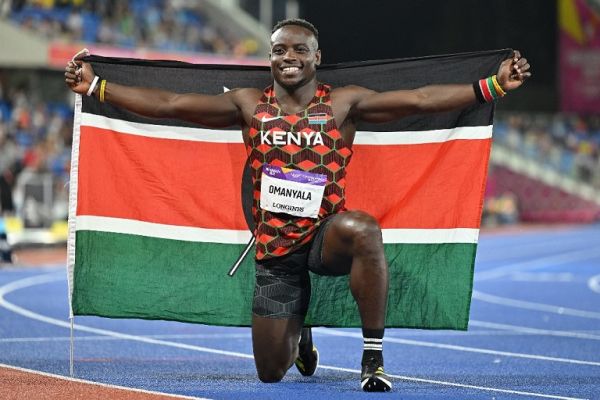 Gold medallist Kenya's Ferdinand Omanyala celebrates after winning the men's 100m final athletics event at the Alexander Stadium, in Birmingham on day six of the Commonwealth Games in Birmingham, central England, on August 3, 2022. PHOTO | AFP