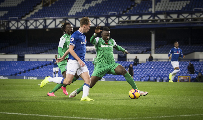 Gor Mahia FC captain, Harun Shakava (right) tries to shield the ball from Everton FC attacker, Keiran Dowell during their SportPesa Trophy clash at Goodison Park on Tuesday, November 6, 2018. PHOTO/SPN