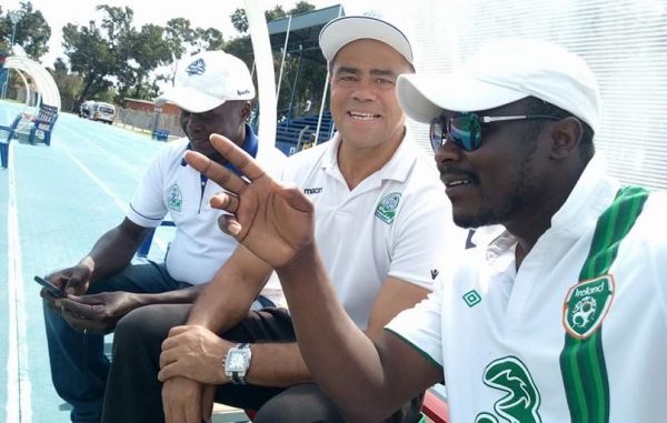 Gor Mahia FC coach Steven Pollack (center)and club fan number one Jaro Soja (right) follows proceedings at Kenyatta Stadium in Machakos during Gor versus Mathare SPL match on November 6, 2019. PHOTO/ JARO SOJA