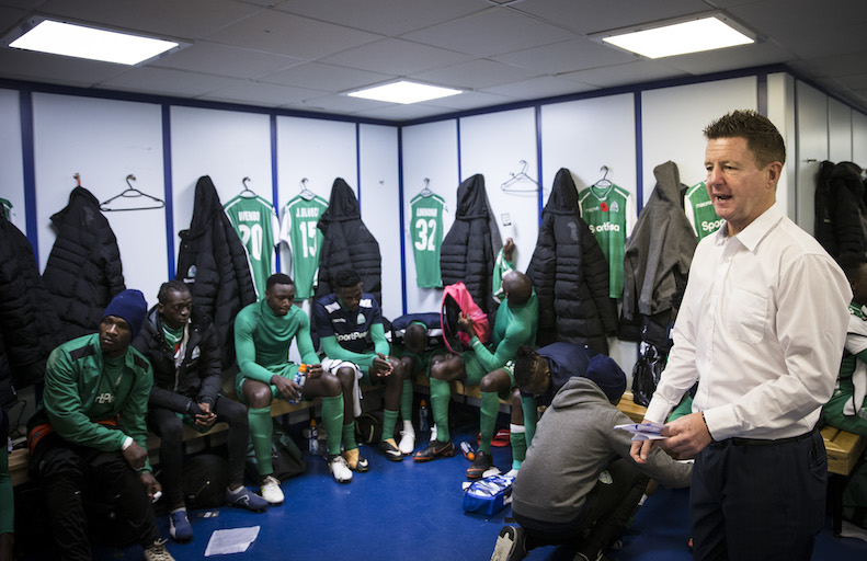 Gor Mahia FC head coach, Dylan Kerr, gives his side a pre-match pep talk at their dressing room at Goodison Park on Tuesday, November 6, 2018. PHOTO/SPN