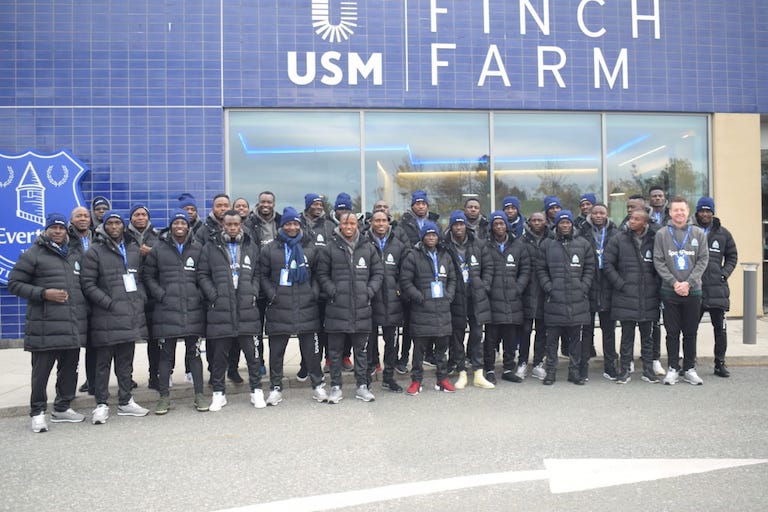 Gor Mahia FC players and staff pose in front of the famous Everton FC training ground, Finch Firm in Liverpool having arrived in the UK on Friday, November 2, 2018. PHOTO/SPN 