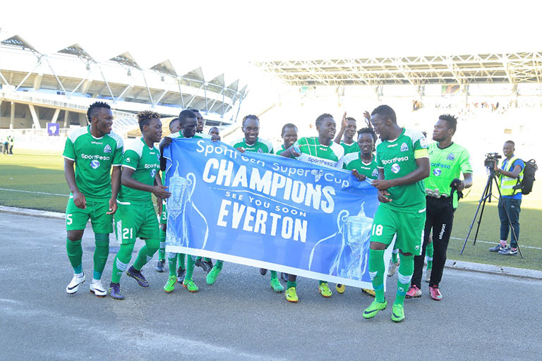 Gor Mahia FC players celebrate winning the ticket to play Everton after winning the 2017 SportPesa Super Cup on June 5, 2017 in Dar-es-Salaam, Tanzania. The two sides will meet at Goodison Park on November 6, 2018. PHOTO/SPN