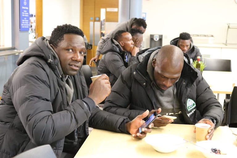 Gor Mahia FC players enjoy a meal at USM Finch Farm training complex in Liverpool on Saturday, November 3, 2018. PHOTO/SPN