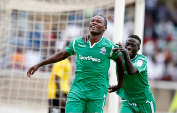 Gor Mahia forward Nicholas Kipkirui (left) celebrates scoring with team-mate Boniface Omondi during their Caf Champions League preliminary round return leg against Burundi's Aigle Noir at the Moi International Sports Centre, Kasarani on August 25, 2019. PHOTO |  NATION MEDIA GROUP