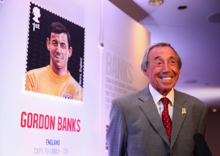Gordon Banks poses for a TV crew in front of his stamp during the Football Association's Royal Mail Stamp Launch at Wembley Stadium on May 8, 2013 in London, England. PHOTO/GettyImages