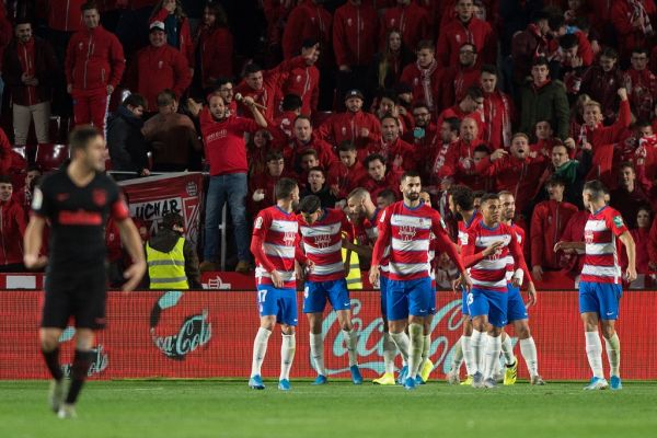 Granada's players celebrate Granada's Spanish defender German Sanchez' goal during the Spanish league football match Granada FC against Club Atletico de Madrid at Nuevo Los Carmenes stadium in Granada on November 23, 2019. PHOTO | AFP