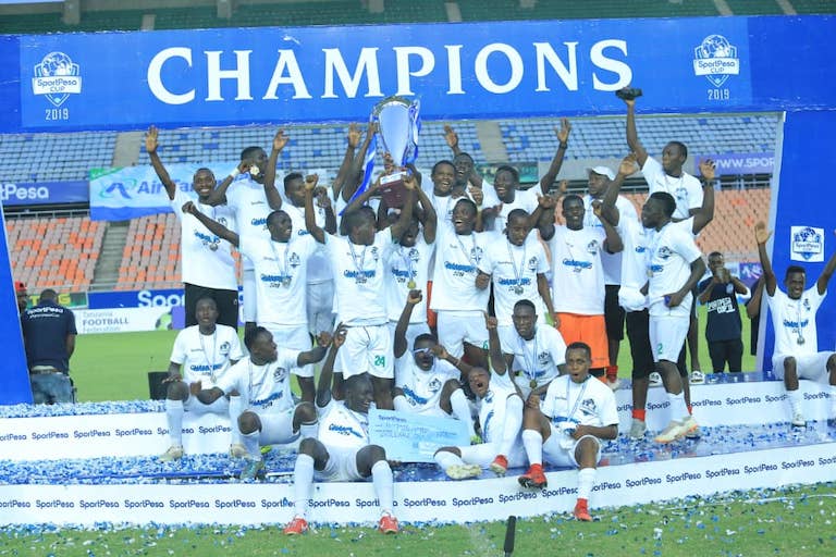HAIL THE NEW KINGS: Kariobangi Sharks FC players lift the 2019 SportPesa Cup trophy following their 1-0 victory over fellow SPL side Bandari FC at the National Main Stadium, Dar-es-Salaam, Tanzania on January 27, 2019. PHOTO/SPN