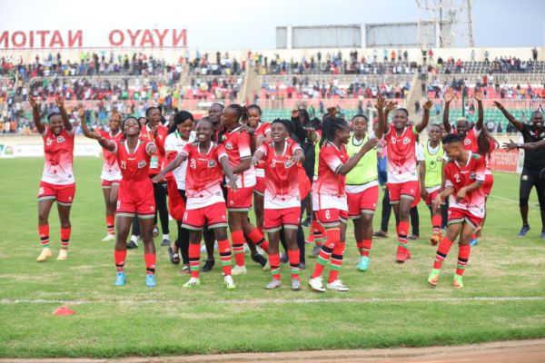 Harambee Starlets celebrate after beating Cameroon. PHOTO| FKF