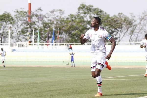 Harambee Stars captain Michael Olunga celebrates after scoring against Rwanda in a 2022 World Cup Qualifier in Kigali on Sunday, September 5, 2021. PHOTO | Harambee Stars Twitter