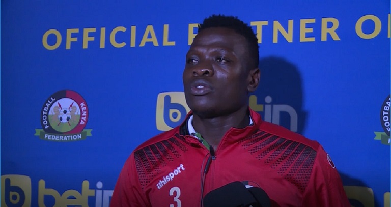 Harambee Stars goal keeper, Patrick Matasi speaks after the team landed back to the country on Monday, March 25, 2019. PHOTO/FKF