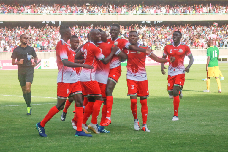 Harambee Stars players celebrate Eric Johanna's second goal in their Africa Cup of Nations Qualifier against Ethiopia.PHOTO/FKF