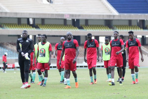 Harambee Stars players cool down during the team's first training session ahead of their International friendly match against Uganda. PHOTO/ FKF