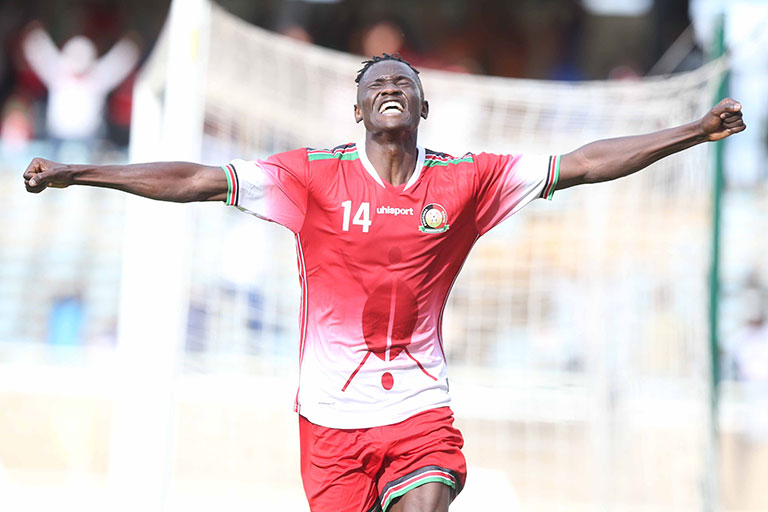 Harambee Stars striker, Michael Olunga celebrates Kenya's opening goal during their 2019 AFCON qualifier against Ghana at the MISC Kasarani on September 8, 2018. PHOTO/SportPicha.com