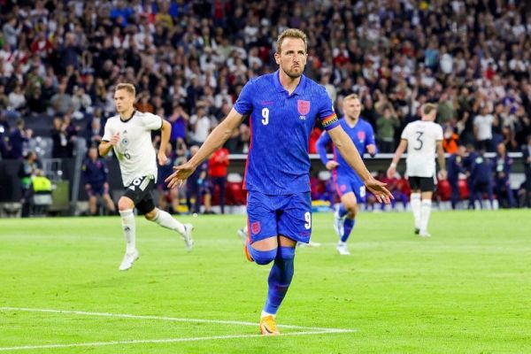 Harry Kane (9) of England celebrates after his goal 1-1 during the UEFA Nations League 2022, League A - Group 3 football match between Germany and England on June 7, 2022 at Allianz Arena in Munich, Germany. PHOTO | AFP