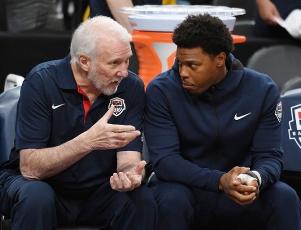 Head coach Gregg Popovich (L) of the 2019 USA Men's National Team talks with Kyle Lowry #51 of the 2019 USA Men's National Team before the 2019 USA Basketball Men's National Team Blue-White exhibition game at T-Mobile Arena on August 9, 2019 in Las Vegas, Nevada. PHOTO | AFP