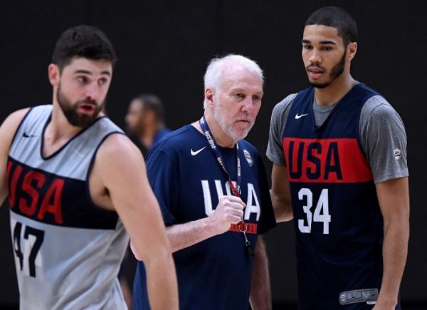 Head coach Gregg Popovich speaks with Jayson Tatum #34 between Joe Harris #47 during the 2019 USA Men's National Team World Cup training camp at UCLA Health Training Center on August 13, 2019 in El Segundo, California. PHOTO | AFP