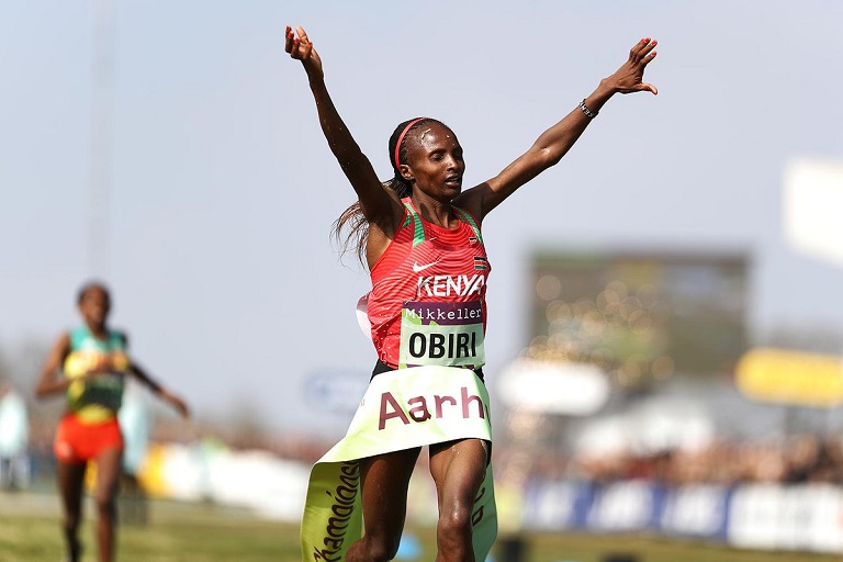 Hellen Obiri celebrates winning the women 10km senior race at Aarhus 2019 IAAF World Cross on Saturday, March 30, 2019. PHOTO/IAAF