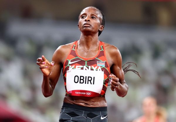 Hellen Obiri of Kenya reacts after finishing second.