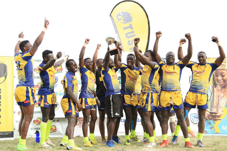 Homeboyz RFC celebrate winning the Prinsloo 7s title in Nakuru on Sunday, July 22, 2017 as the Stanbic National Rugby Sevens Series kicked-off. PHOTO/Courtesy/KRU 