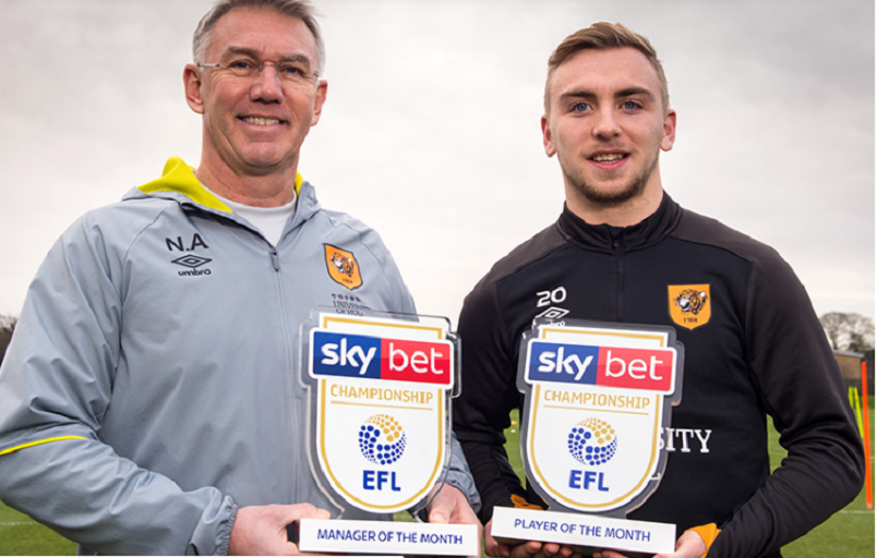 Hull City FC manager Nigel Adkins and top scorer Jarrod Bowen pose with their individual awards on Friday, January 11, 2019. PHOTO/HullCityFC